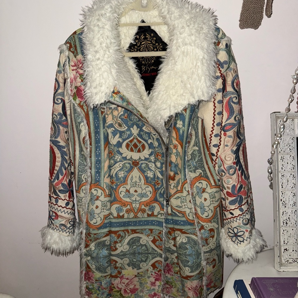 Johnny Was Patterned Afghan Coat with Faux Fur Trim